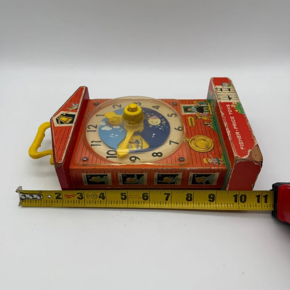 Vintage 1968 Fisher Price 998 Music Box Teaching Clock Kids Red Wood Toy TESTED